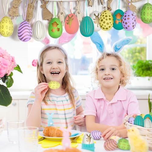 Crisgus 42x Ostereier zum Aufhängen, Bunte Ostereier Plastik, Osterdeko für Draußen,Easter Egg(6 cm * 4 cm) H
