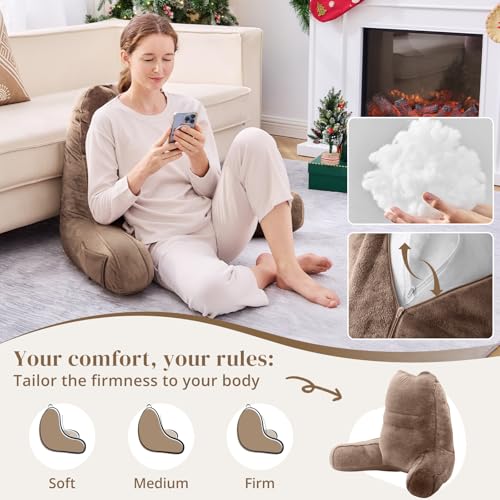 Image of Sasttie Reading Pillow for Bed, Back Pillow for Sitting Up, Light Brown | 23 inch Backrest Support Cushion for Couch, Sofa, and Floor, Dorm Essentials, OEKO-TEX, Adjustable Down Alternative Fill