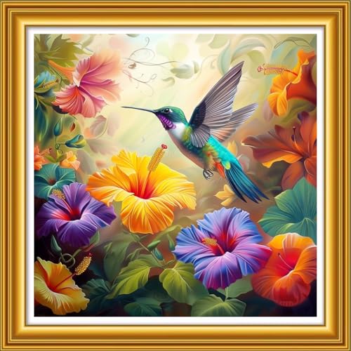 Image of Foxhool Stamped Cross Stitch Kits,11CT Printed Cross Stitch Pattern Full Embroidery Kits for Beginner Needlepoint Kits&Hummingbird Picking Flowers 18x18 inch