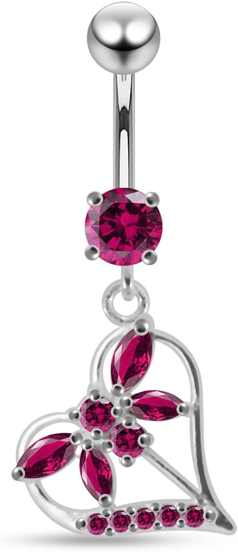 Stylish Dragonfly in Heart Dangling Design 925 Sterling Silver with Stainless Steel Belly Ring - Belly Button jewelry - Navel jewelry