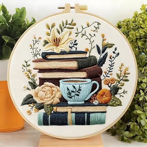 Image of Huacan Flowers Embroidery Kit for Beginners Stamped Books and Flowers Pattern Cross Stitch Kit with Instructions
