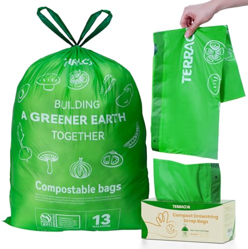 TERRACOR 13 Gallon Compostable Trash Bags Drawstring Heavy Duty Extra Thick 1 Mil 35 Bags Tall Kitchen Food Scrap Waste Bag ASTM D6400