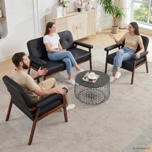 Image of STHOUYN 50 inchW Black Faux Leather Small Office Couch Loveseat Sofa with Wood Arms, Mid Century Modern Love Seat Sofas Lounge Armchair Living Room Bedroom (Black (loveseat))
