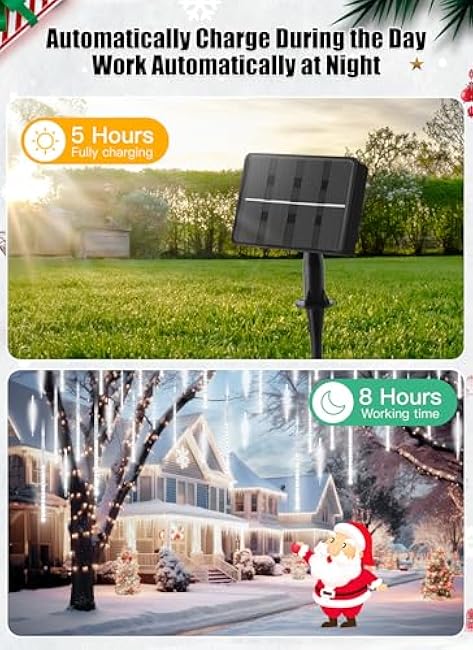 Minetom Solar Meteor Shower Icicle Lights, 20 Tubes 480 LED Christmas Outdoor Waterproof, Cascading Falling Rain for Holiday Party Wedding Decorations, Pure White