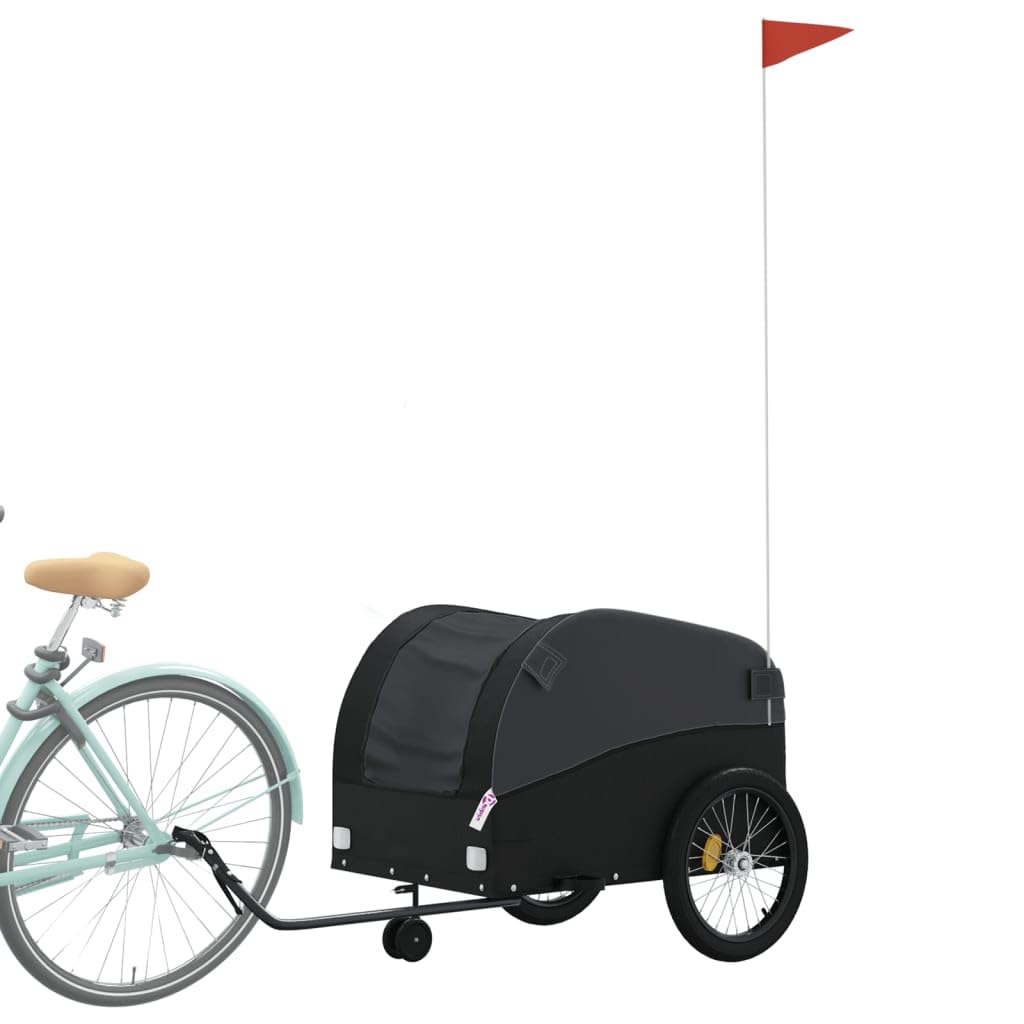 Remolque de bicicleta negro de hierro de 45 kg de capacidad de carga, plegable con embrague y bandera de seguridad para cargas, equipaje y perros en la vida cotidiana, viajes y exteriores