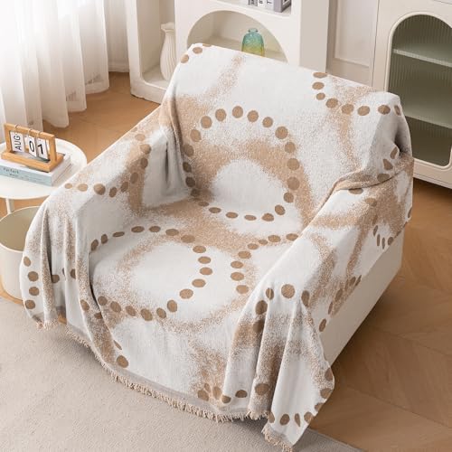 Image of HOKIPO 320 GSM Chenille Sofa Throw Blanket for 1 Seater Sofa - Printed All-Season Sofa Cover, 'Serene Abode Series' Latte Dotted Wave (180x180 cm) (AR-6631-D3)