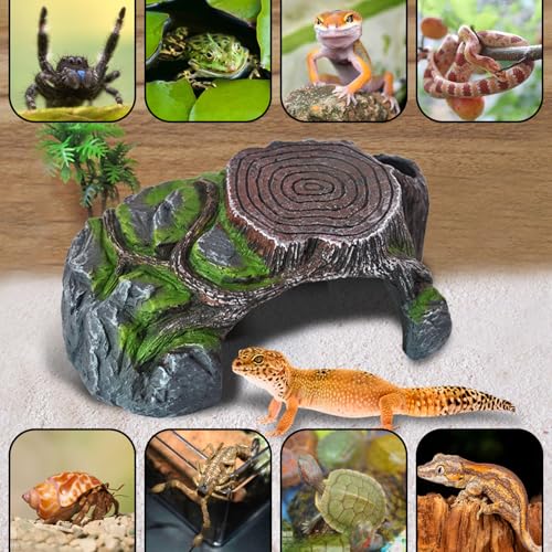 Image of Resin Reptile Hide Cave,Leopard Gecko Cave Hideout Reptiles Habitat Tree Stump Decor Lizard Tank Climbing Ramp Basking Platform Accessories for Gecko Hermit Crab Small Turtle Frog Spider Scorpion