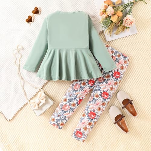 Image of Kids Toddler Girls Clothing Set Long Sleeve Top With Bowknot ＋Floral Print Pants 2 Pcs Fall Outfits Set