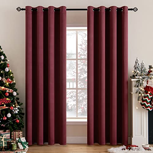 MIULEE Christmas Blackout Curtains 2 Panels, Room Darkening Thermal Insulated Drapes Solid Window Treatment Set Grommet Top Light Blocking Curtain for Living Room/Bedroom 52x84 inch,Wine Red