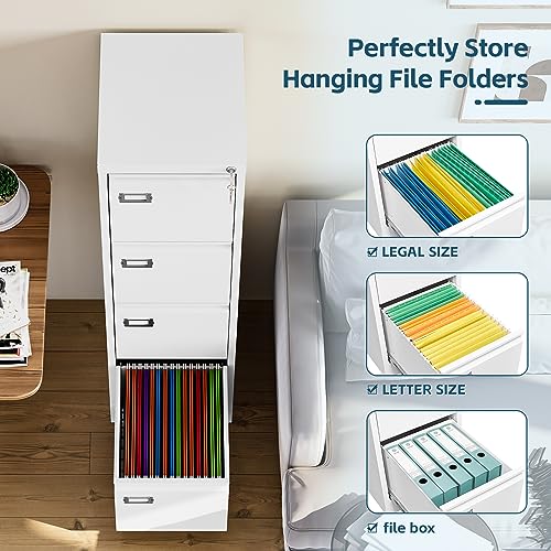 Image of MIIIKO 4 Drawer File Cabinet, White Vertical Filing Cabinets with Lock, Home Office File Folders Storage Cabinet for Letter Legal A4 File Size