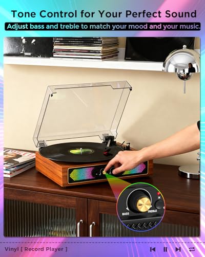 Bluetooth Record Player with RGB Lights, 3-Speed Belt-Drive Turntable with Built-in Stereo Speakers, Bass/Treble Control, Auto Stop, AUX in/Out, RCA Out, Retro Wood Vinyl Player for Home & Gift Use - Les Beatles, Paul McCartney, John Lennon, RIngo Starr, George Harrison Bluetooth Record Player with RGB Lights, 3-Speed Belt-Drive Turntable with Built-in Stereo Speakers, Bass/Treble Control, Auto Stop, AUX in/Out, RCA Out, Retro Wood Vinyl Player for Home & Gift Use – Image 4