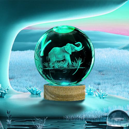 Image of 3D Elephant Crystal Ball Night Light with Woodern Base, 3.15 inch Elephant Figurines Glass Lamp with 16 Colors Cool Desk Decor Elephant Gifts for Women Kids Friends Adults