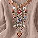 Womens Embroidered V Neck Blouse 3/4 Sleeve Cotton Linen Shirts Loose Fit Boho Vintage Summer Vacation Tunic Tops Khaki