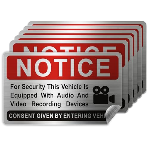 Image of 6 pieces Notice Vehicle is Equipped With Audio And Video Recording Devices,In Car Camera Recording Stickers for Cars, Brushed Silver,3.3inx2in