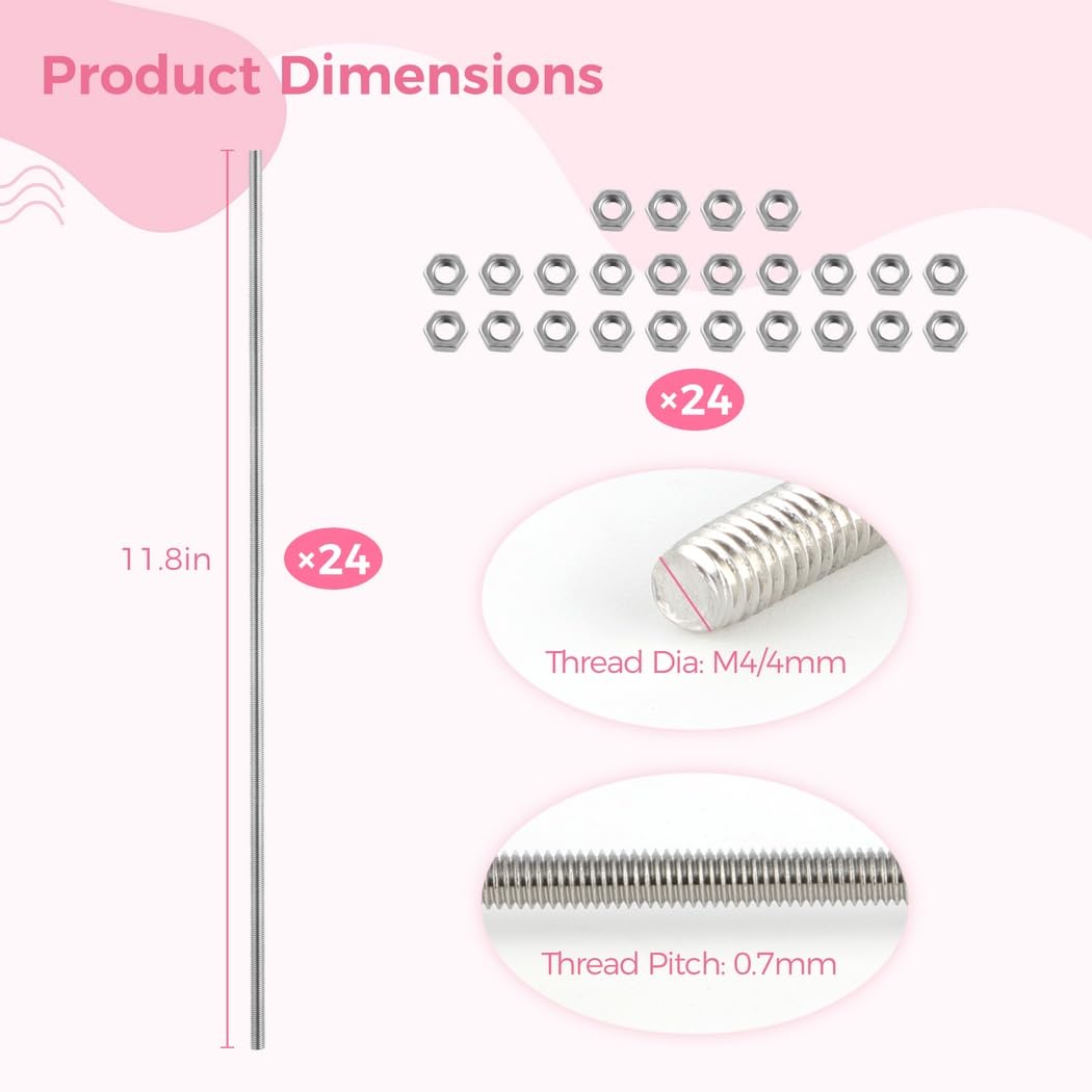 Lot de 24 tiges filetées M4 et 24 écrous hexagonaux, acier inoxydable 304, tiges entièrement filetées de 30 cm à droite, pour pinces, suspensions et tuteurs de jardin décoratifs