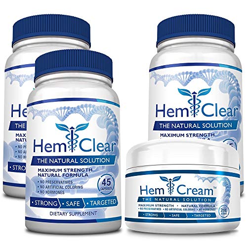 HemClear for Hemorrhoids - Vegan, 100% Natural Formula for Hemorrhoid Relief & Vascular Health - Maximum Strength 3 Bottles + 1 Cream