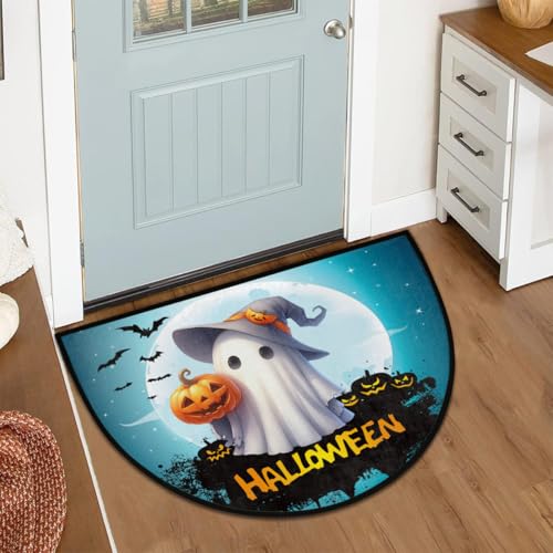 Image of cfpolar Half Round Door Mat Ghosts Halloween Pumpkin Bat Non-Slip Semi Circle Area Rug Washable Half Moon Hearth Rugs for Indoor Outdoor Bathroom Kitchen Patio Runner Mat Laundry Room Home Decoration