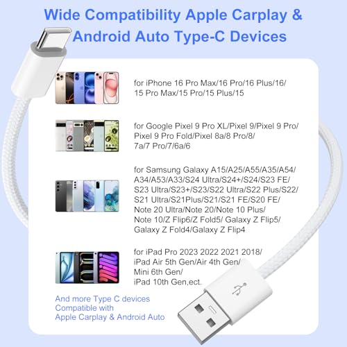 Image of USB C Cable for Carplay iPhone 17 Pro Max Air 16 15,18W 3A USB A to C Cable for Apple CarPlay & Android Auto, 1M Length Type C Charging Cord for iPad Pro, iPad A16 /Mini 6, Galaxy S25 S24 S23, White