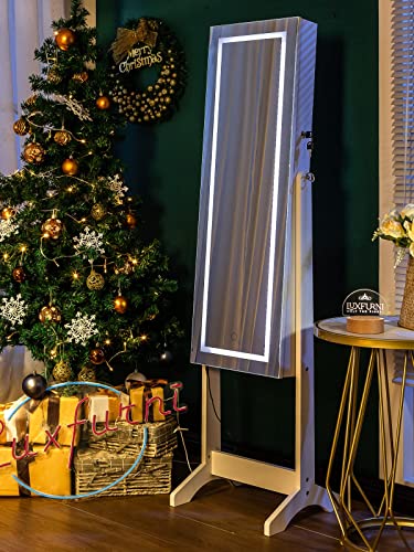 LUXFURNI LED Light Jewelry Cabinet Standing Full Screen Mirror Makeup Lockable Armoire, Large Cosmetic Storage Organizer w/ Brush Holder (White)