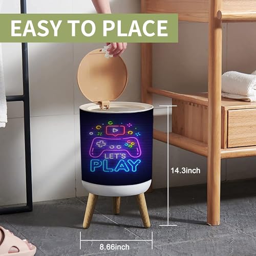 Image of Small Trash Can with Lid Lets Play neon sign bright signboard light banner Game neon emblem Garbage Bin Round Waste Bin Press Cover Dog Proof Wastebasket for Kitchen Bathroom Living Room 1.8 Gallon