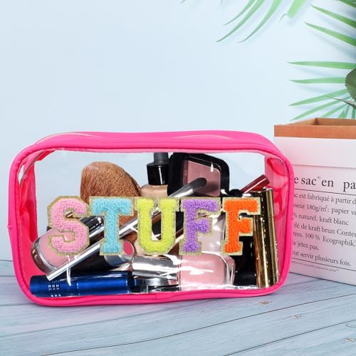 Preppy Patch STUFF Makeup Bag Chenille Letter Cosmetic Bag for Women, Transparent PVC Zipper Patch Bags Organizer Waterproof Portable Travel Makeup Bag for Women Girls Teens (Pink)3