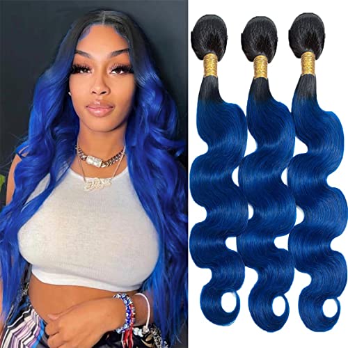 muaowig Cheap Bundles 1B Blue Human Hair 3 Body Wave 100% Unprocessed Virgin Weaves Bundle Ombre 16 18 20 inch, Blue 3 Bundle Body Wave