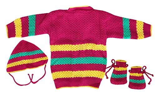 Image of little PANDA Unisex Baby Sweater Woollen Knitted Full Sleeves Sweater with Cap and Booties Set Woolen Sweater Baby Boys and Baby Girls