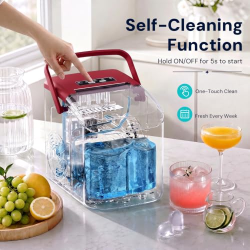 Image of Kismile Countertop Ice Maker Machine, 26Lbs /Day Fastest 6‑Min Ice | 8 bullet ice in 6min, 2 sizes, energy-saving, portable mini, with handle,basket,scoop. Home /bar /RV /camping /office.Red