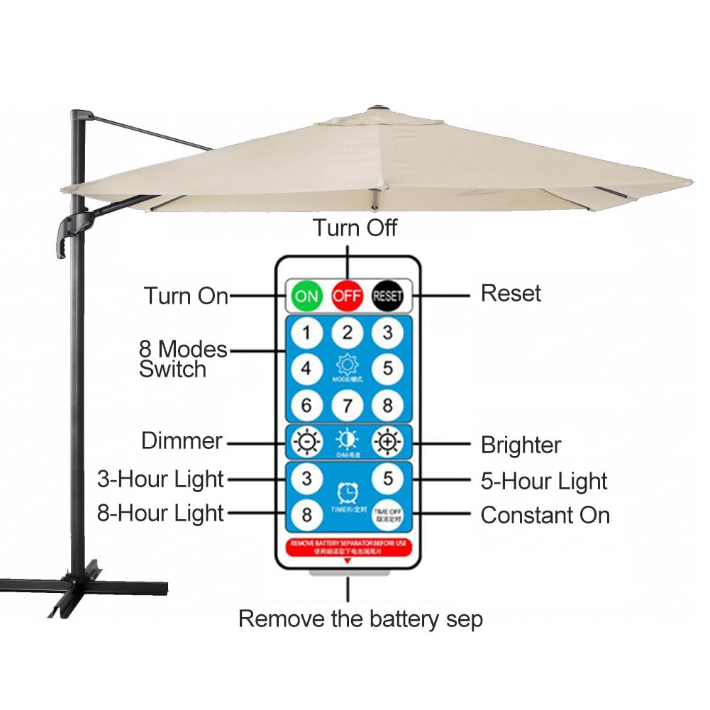 Lumières Solaires de Parapluie, 104 LED Lampe Parasol de Patio, Étanche IP65 Éclairage de Parasol, 8 Modes Lumières avec Télécommande, Éclairage Décoratif pour Parasols et Tentes de Camping