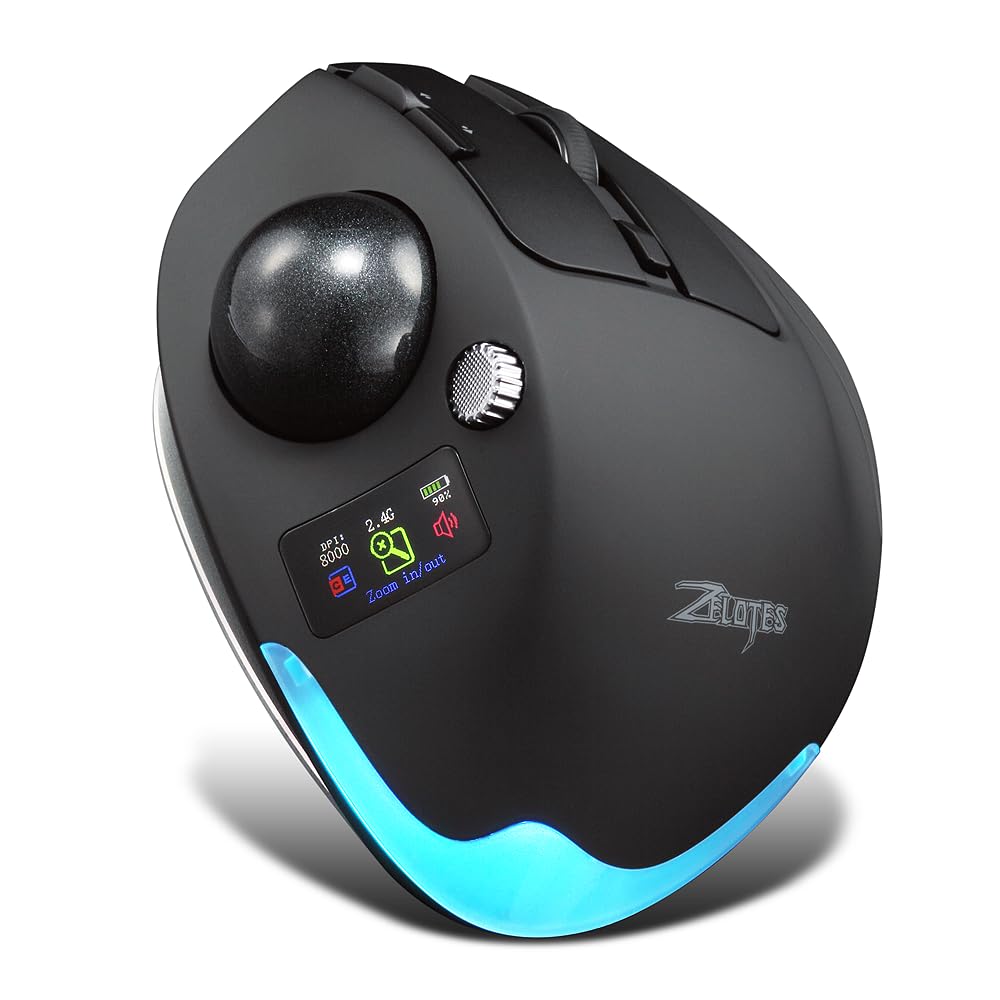 zelotes Souris Trackball sans Fil avec écran,Souris Bluetooth Rechargeable,4800 DPI, 9 Boutons,Design Ergonomique, BT/USB 2.4G / Type-C, pour Ordinateur Portable, PC, Tablettes