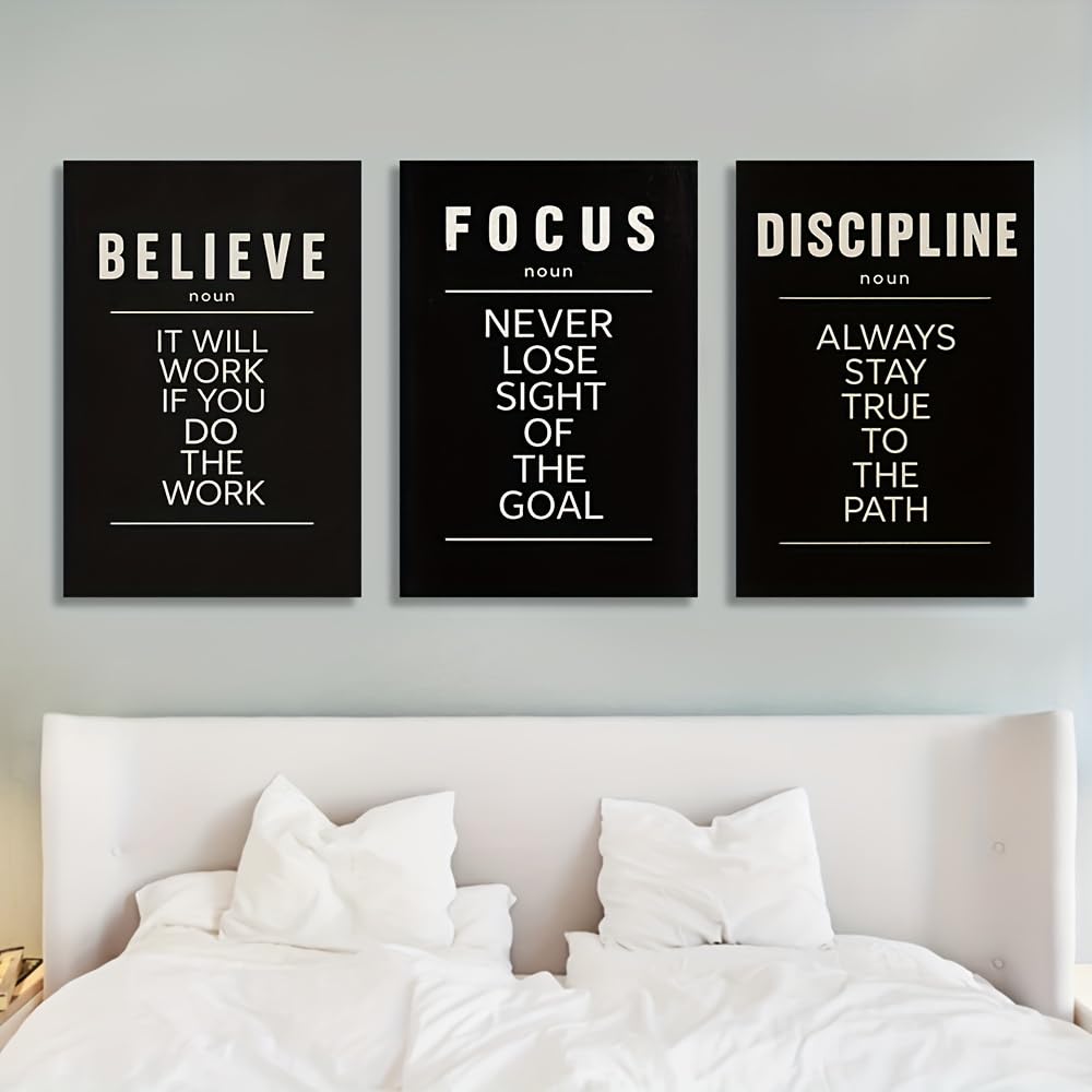 3 sztuki 30 x 40 cm płótno ścienne "Believe, Focus, Discipline", inspirująca dekoracja rozwoju osobistego, obrazy na płótnie, plakaty i wydruki, obraz ścienny do salonu, sypialni, biura (z ramą