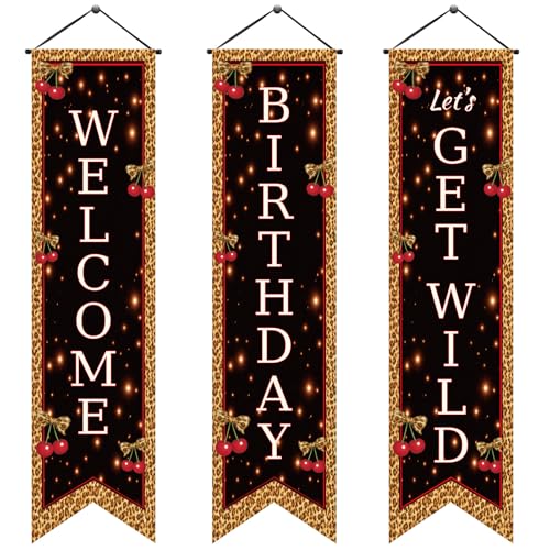 Image of Chiisong 3 Pcs Cheetah Print Birthday Party Decorations Cherry Leopard Print Banners Red and Black Cherry Wild Porch Signs Welcome Flags Photo Props Backdrop for Girls Women Night Outdoor Yard