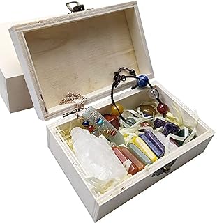 17pcs Natural Healing Crystals Set in Wooden Box, Chakra Crystal Wands Point, Tumbled Stones, Selenite Tower, Chakra Pendulum & Bracelet Balancing Meditation