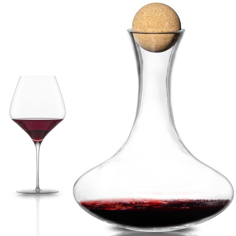 BAKAJI Decanter In Vetro Soffiato Per Vino Capacità 1,1 LT Protezione e Trattiene Sapore Con Tappo in Sughero Naturale Aeratore Decantatore per Rosso