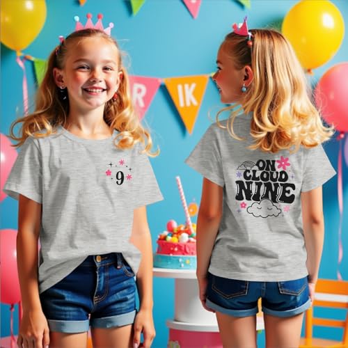 Image of 9th Birthday Shirt Girl On Cloud Nine Graphic Tee 9 Year Old Birthday Party T-Shirt Girl Summer Short Sleeve Top