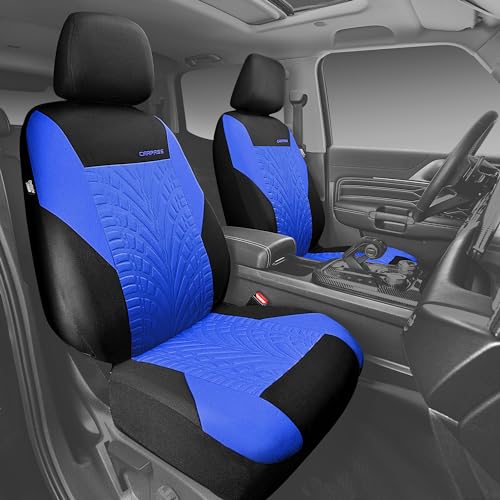 Image of CAR PASS Car Seat Covers Two Front Only for Car, 3D Tyre Print Automotive Interior Covers, Airbag Compatible, Quick Setup Universal Fit Seat Covers for Car, Truck, SUV(Black and Blue)