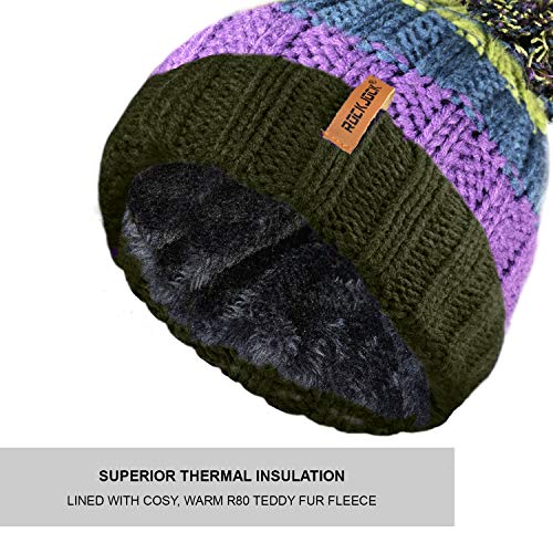 RockJock R80 Unisex Mens Ladies Thermal Insulating Striped Beanie Bobble Hat with Cosy Fleece Lining