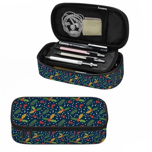 Image of Berries Pencil Case Red Fruit Green Leaves Winter Holly Leaves Pencil Bag Pen Markers Pouch Holder Organizer for Boy Girl School Students