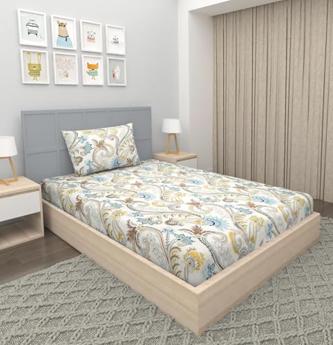 Image of Blue Strip 220TC Glace Cotton Elastic Fitted Bedsheets Single Bed with 1 Pillow Cover | Single Bed with All Around Elastic, Size 42 inch x 75 inch Inches
