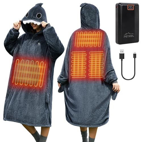 Wearable Heated Shark Blanket Hoodie with 16000mAh Battery Onesie Cordless Heating Throw Wearable Blanket Heated Robe Electric Throw Blanket Soft Cozy Shark Pajamas Funny Gift for Family Shark Lovers