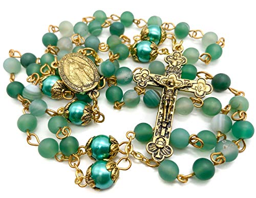 Nazareth Store Catholic Gold Rosary Necklace Matte Stone Beads Green Pearl Round Beads Miraculous Medal & Cross - Velvet Bag
