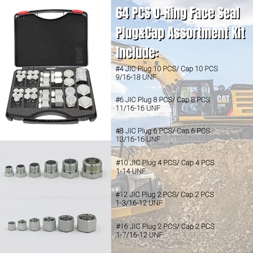 Image of 64 Pcs. O-Ring Face Seal Cap & Plug Assortment Kit, Seal Adapter Set for Hydraulic Hose Tube and Pipe, ORFS Fittings, Galvanized Carbon Steel with Precision Threading, Dash Sizes 4 6 8 10 12 16