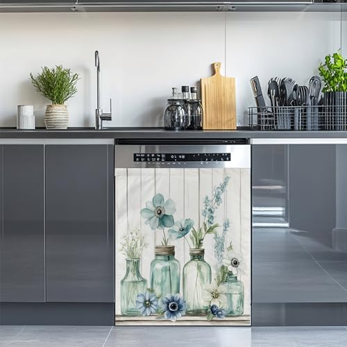 Flowers Dishwasher Magnet Cover,Vintage Wooden Board Kitchen Decor Waterproof Refrigerator Magnet Sticker Appliance Cover Protector,23Wx26H Inches