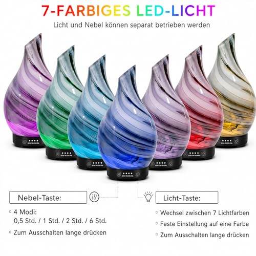 Aroma Diffuser aus Glas Ultraschall Aromatherapie Diffusor für ätherische Öle, 7 Farben-Beleuchtung, Automatische Abschaltung, Luftbefeuchter Elektrisch Duftlampe für Schlafzimmer Büro Spa 150ML – Bild 5