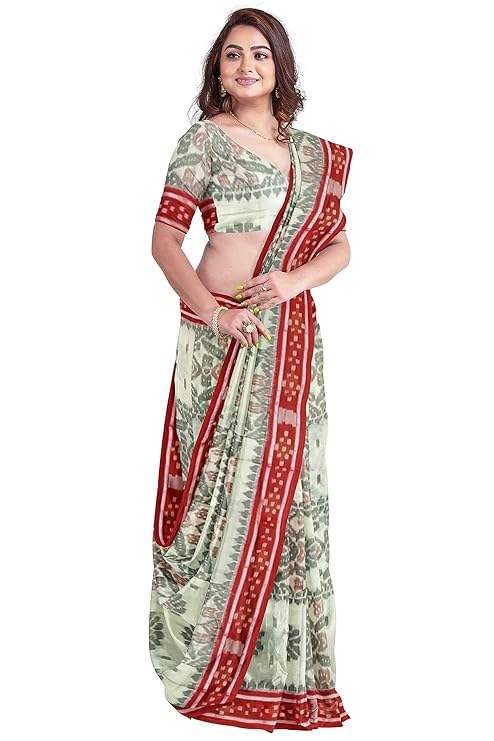 Image of Ikat Women's Cotton Saree, Handmade Pure Cotton Khandua Saree, Ikkat Orissa Traditional Handloom Saree without Blouse