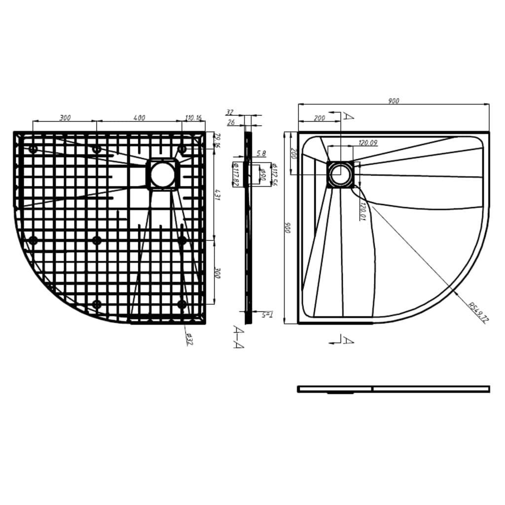vidaXL Plato de Ducha Base Pie Receptáculo Aseo Cuarto de Baño Esquina Suelo Antideslizante Duradero Extraplano Resina SMC Negro 90x90 cm