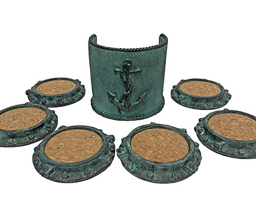 Nautical Tropical Imports Set of 6 Porthole Drink Coasters with Heavy Duty Anchor Designed Holder