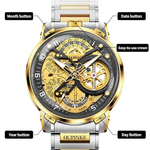 Image of OLEVS Automatic Men Watch Self Winding Mechanical Moon Phase Business Luxury Diamond Dress Stainless Steel Waterproof Luminous Mens Wrist Watch