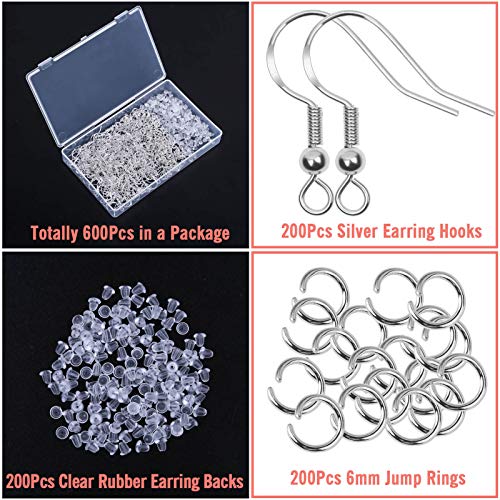 Thrilez 600Pcs Earring Making Kit with Hypoallergenic Hooks, Jump Rings, & Rubber Backs (Silver)3