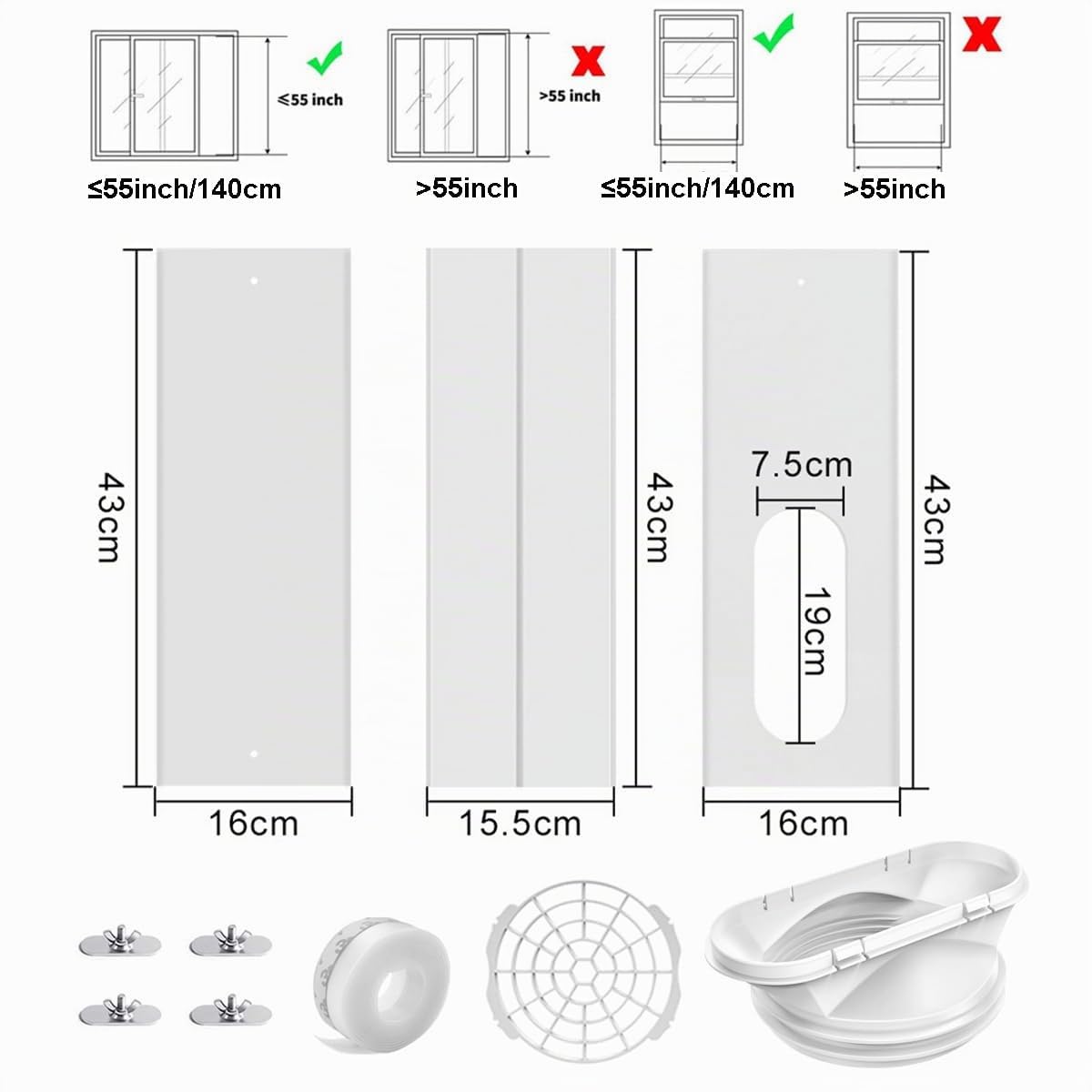 Kit de ventilación de ventanas de aire acondicionado portátil, kit de ventana de CA portátil, longitud ajustable de 43 a 144 cm